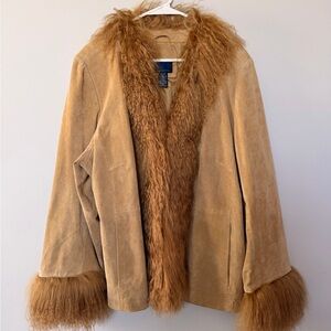 Vintage Penny Lane Coat Venezia Camel Suede Leather & Real Mongolian Fur Large